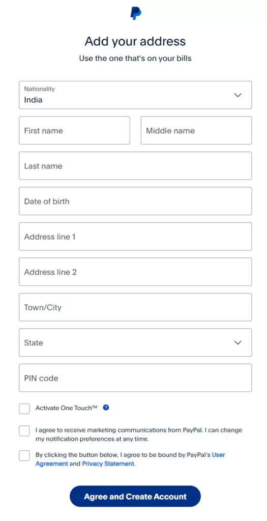 add details to create paypal account