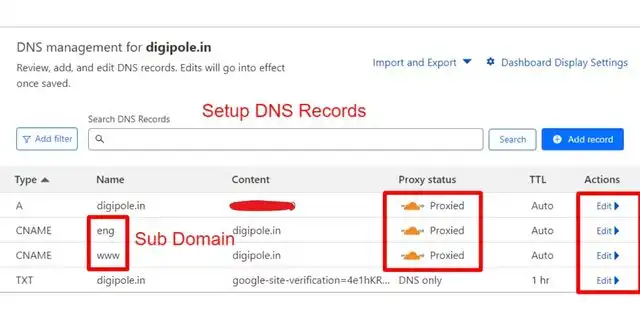 setup cloudflare dns records